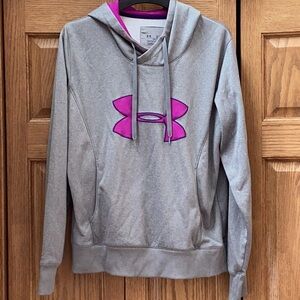 Under Armour storm, gray Hoodie with neon pink Emblem. Women’s size large